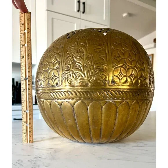 Vintage Large Brass Round Sphere Planter Floral Thistle Geometric Designs 11" - Picture 3 of 11